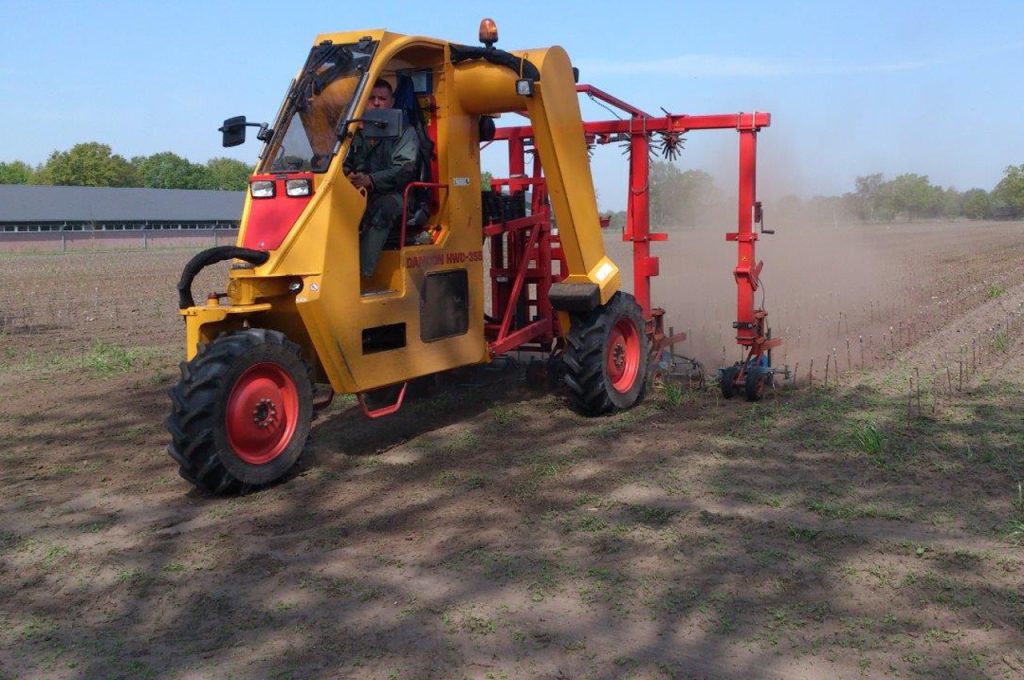 Hoeing with a Multitrike - Multitrike high clearance tractor for fruit trees